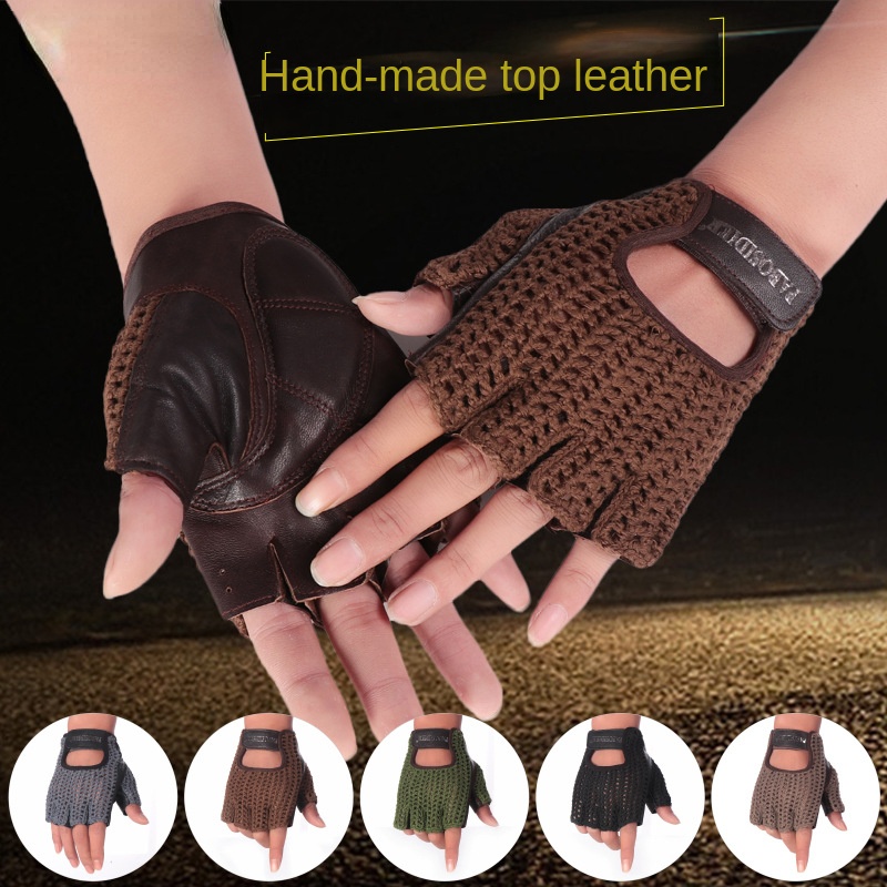 Leather Driving Glove - 유니섹스 여름 반장갑 레트로 소가죽 장갑